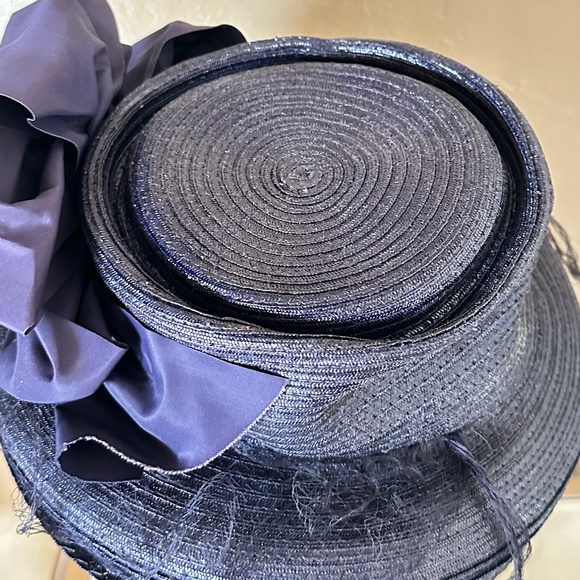 FGETCHING 1950s\' NAVY STRAW HAT + FABRIC PANSIES, TAFFETA BOWS & VEILING main image 7